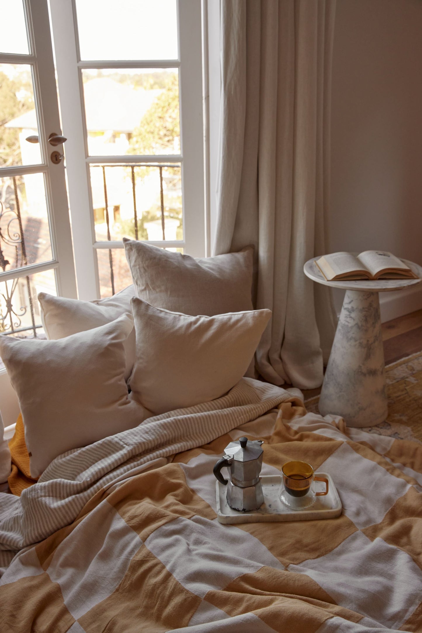 Linen Quilted Bed Cover | Natural Stripe | Queen/King - - - Saardé - Saardé.