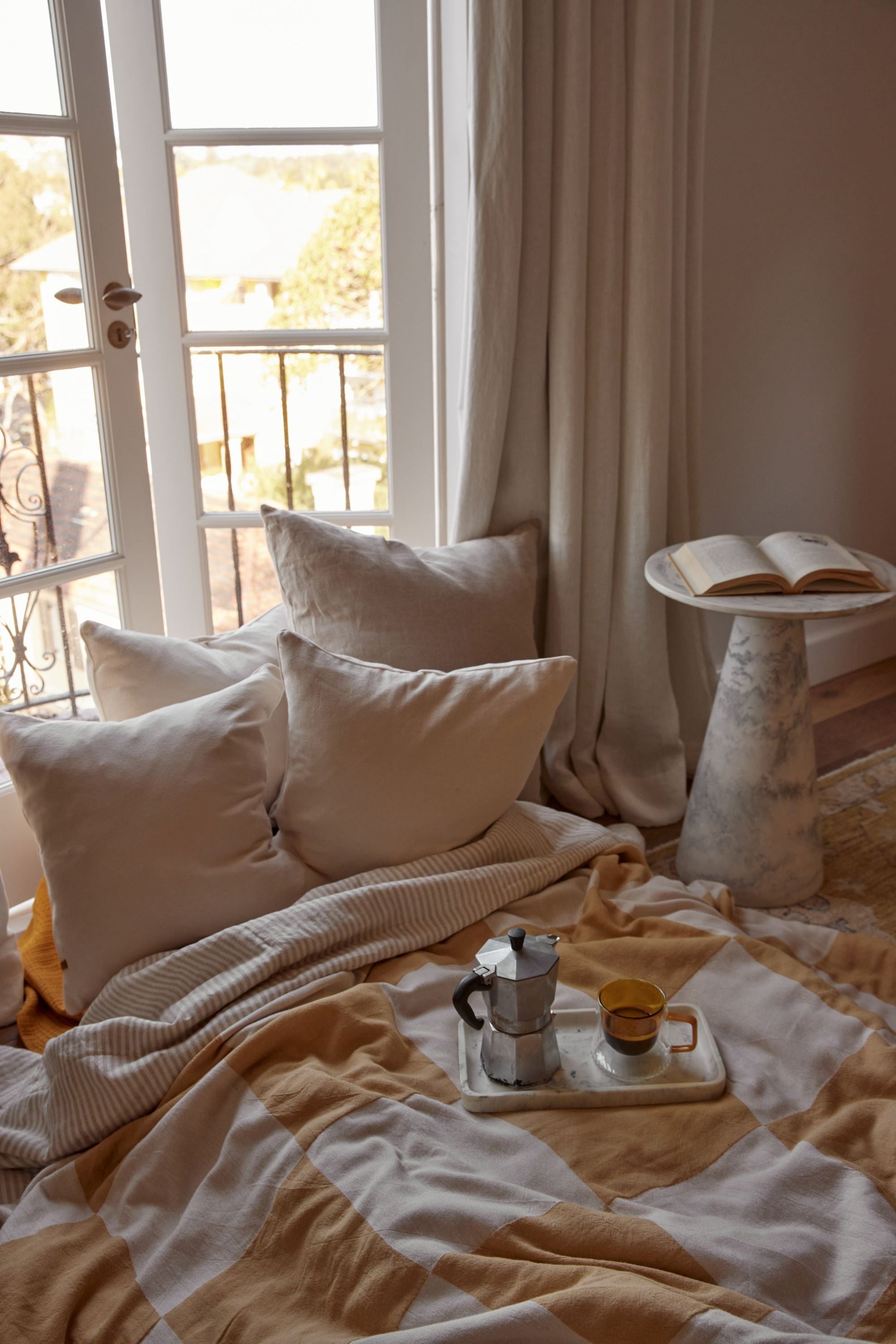 Linen Quilted Bed Cover | Natural Stripe | Queen/King - - - Saardé - Saardé.