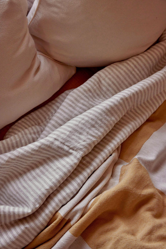Linen Quilted Bed Cover | Natural Stripe | Queen/King - - - Saardé - Saardé.